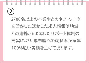 2500名以上の卒業生とのネットワークを活かした求人情報や地域との連携、個に応じたサポート体制の充実により、専門職への就職率が毎年100％近い実績を上げております。